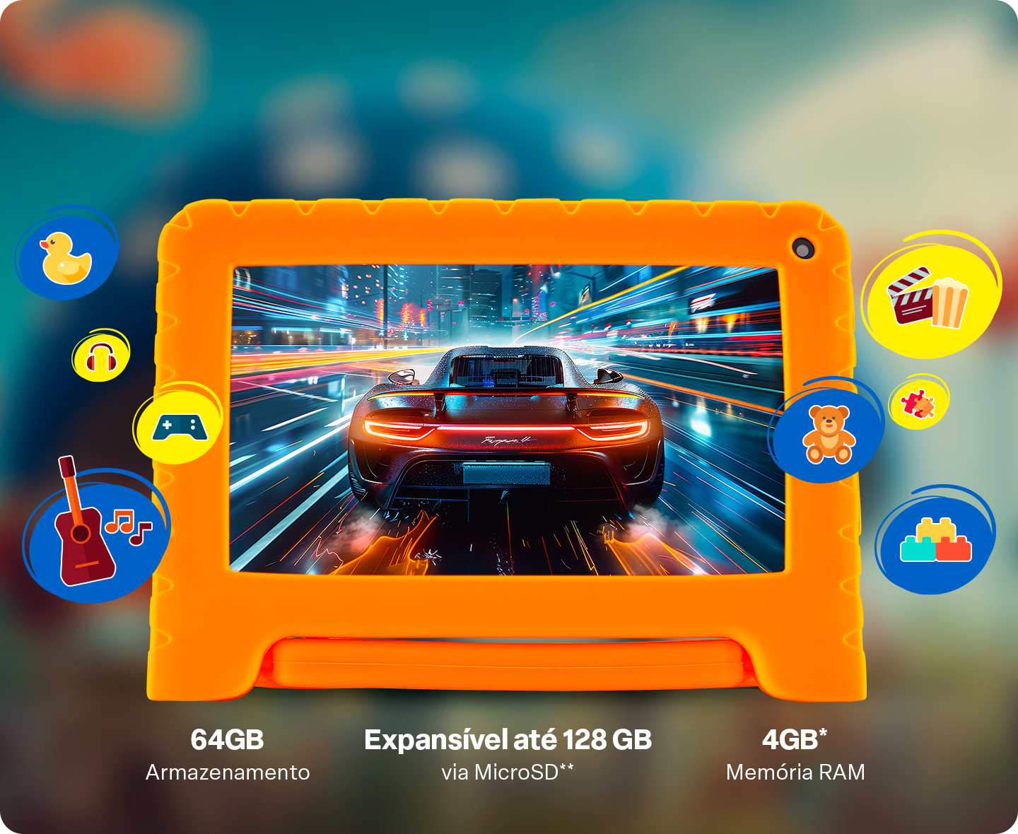 Tablet com 128GB de armazenamento e ícones flutuantes