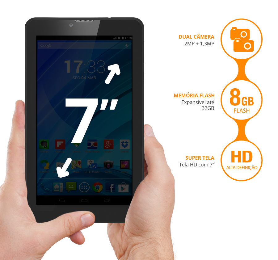 Dual Câmera e uma tela touchscreen, HD, com 7 polegadas e multitoque e mais sensível ao toque e aos comandos dos dedos, o M7 3G é ideal para realizar atividades, registrar os melhores momentos e até jogar os melhores jogos! O tablet conta ainda com 8GB de memória interna, que pode ser expandida para até 32GB com um cartão micro SD (não incluso), para salvar seus arquivos e acessá-los quando quiser